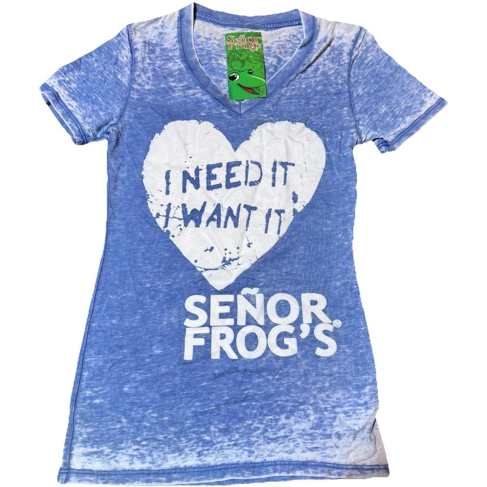 Señor Frog's Blue Graphic Tee XS Burnout Heart I Need It‎ NWT